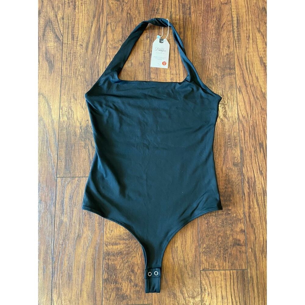 BERRYOU BLACK BODYSUIT Womens M Halter Snap Closure Stretch NWT